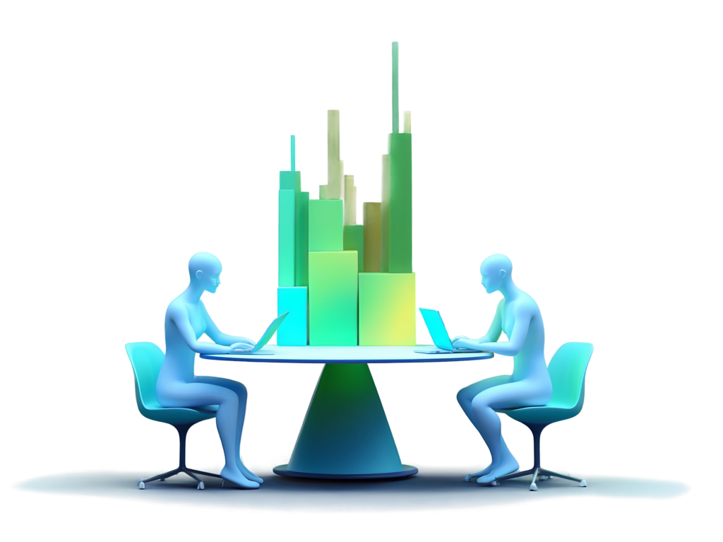 Ilustração 3D de duas figuras humanas azuladas sentadas frente a frente em uma mesa redonda, cada uma utilizando um notebook. Ao centro da mesa, há formas geométricas verticais em tons de verde e amarelo, lembrando arranha-céus ou gráficos de barras, sugerindo análise de dados ou crescimento urbano. O ambiente transmite foco, trabalho digital e inovação.