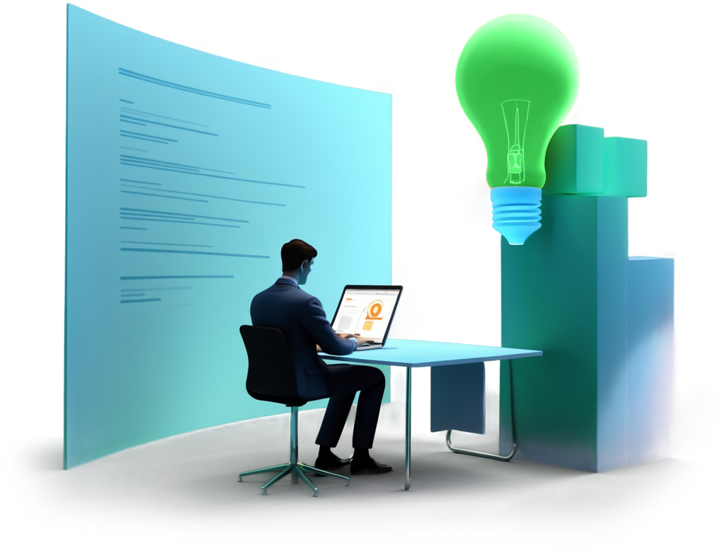 Ilustração digital de um homem de terno sentado em uma cadeira giratória, trabalhando em um notebook sobre uma mesa moderna. Atrás dele há uma tela curva azul com linhas que representam código ou texto técnico. À direita, destaca-se uma grande lâmpada verde acesa, simbolizando uma ideia ou inovação, posicionada sobre blocos geométricos em tons de azul e verde. A cena transmite um ambiente futurista e criativo relacionado a tecnologia, análise de dados ou desenvolvimento de soluções inteligentes.